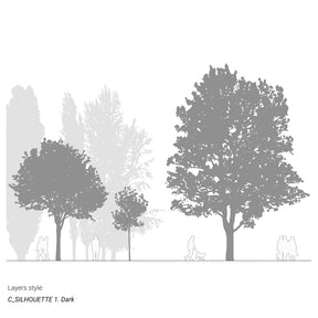 CAD tree blocks in section drawing — diverse trees and people, DWG for AutoCAD and Vectorworks