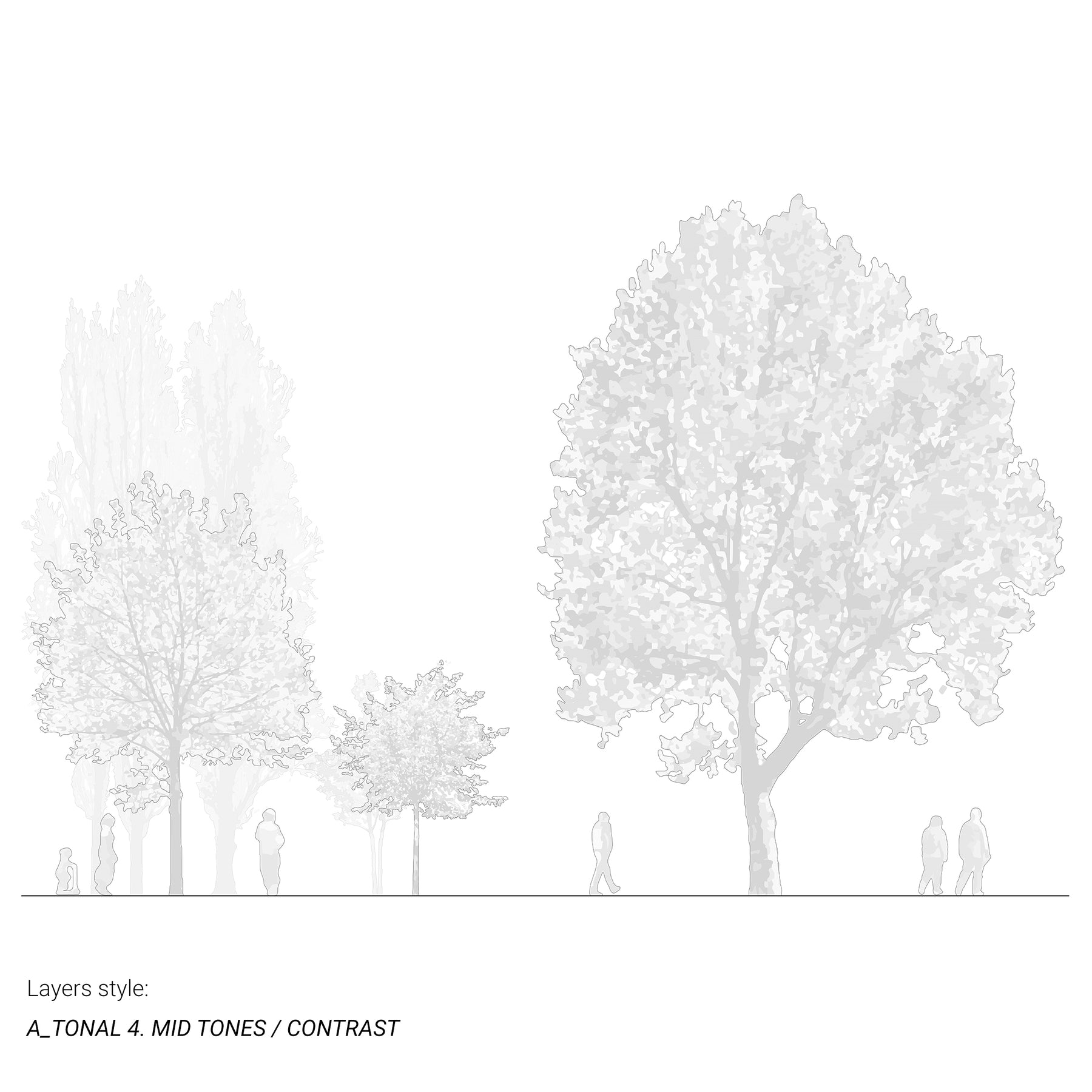 CAD tree blocks in section drawing — trees and people elevation, DWG for AutoCAD