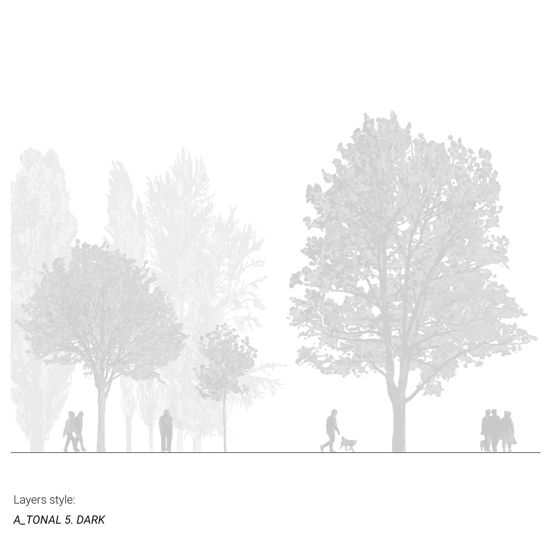 CAD tree blocks in architectural drawing — diverse trees and people, DWG for AutoCAD