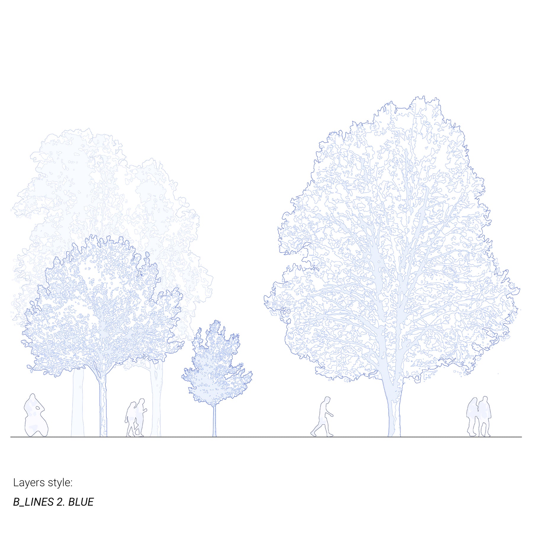 CAD tree blocks in architectural drawing — diverse trees and people, DWG for AutoCAD
