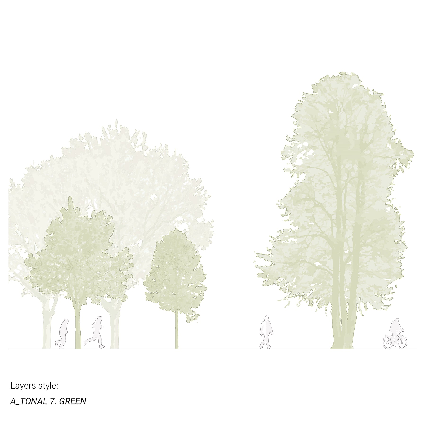 Vector tree drawings in diverse tonal styles — ready for CAD, for architectural and landscape projects