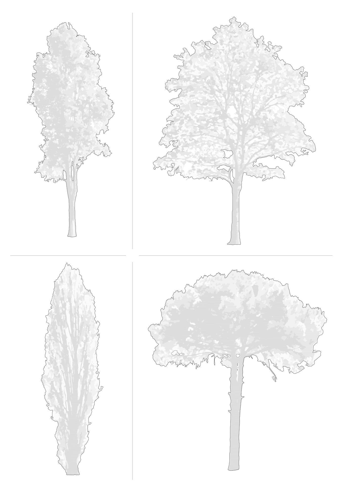 Detailed CAD tree blocks — diverse trees for architectural drawings, DWG for AutoCAD