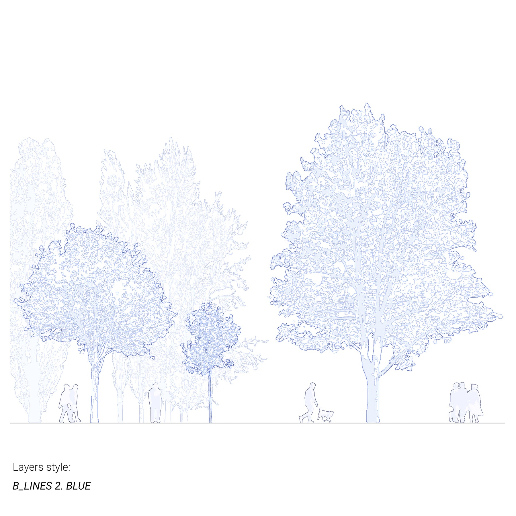 Hand-drawn CAD tree blocks — vectorial line drawing for architectural sections, DWG for AutoCAD