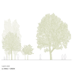 Hand-drawn CAD tree blocks — line drawing for architectural sections, DWG for AutoCAD