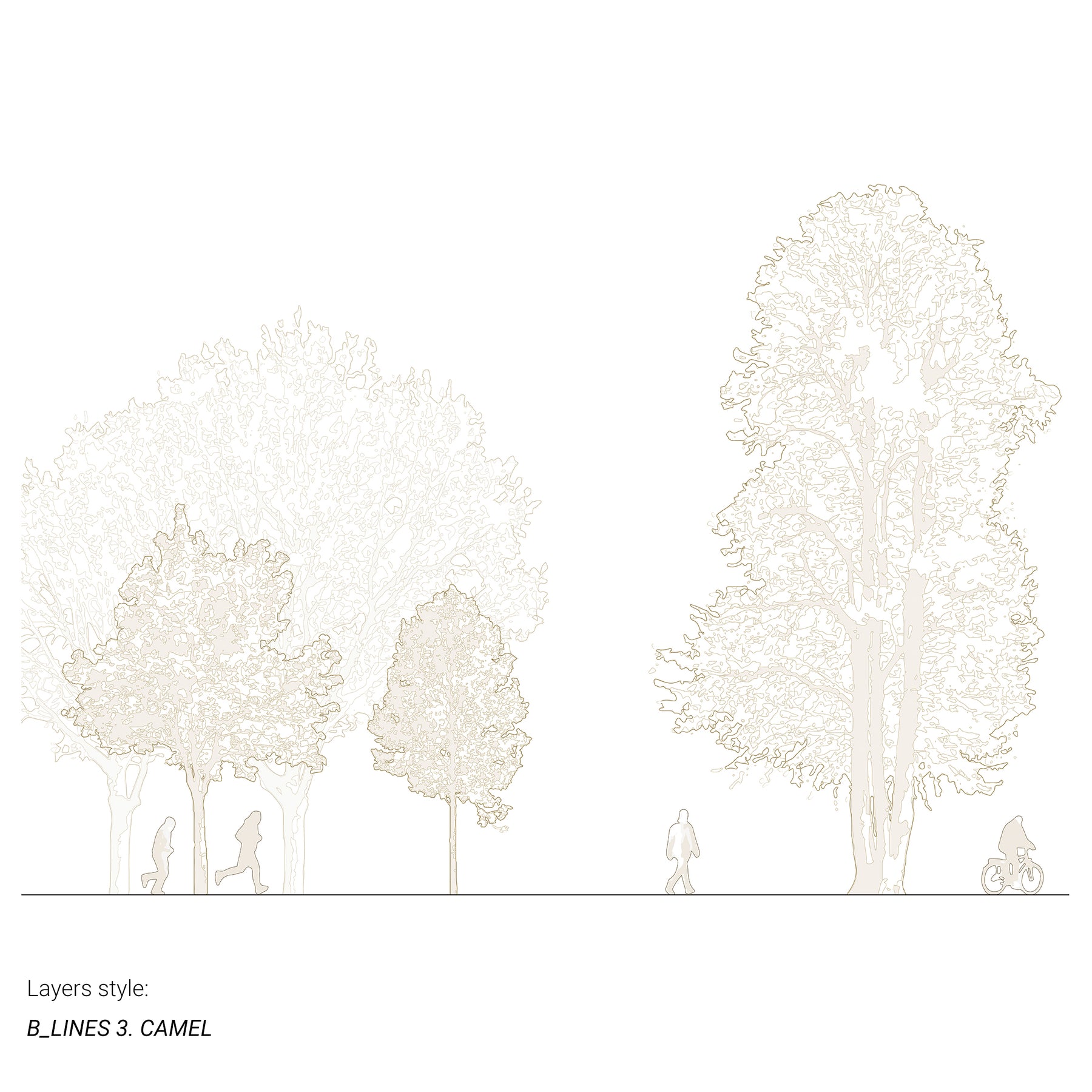 Sketch-style tree drawings — vector polyline elevations, DWG for architectural compositions