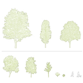 Hand-drawn CAD tree blocks — line drawing for architectural sections, DWG for AutoCAD