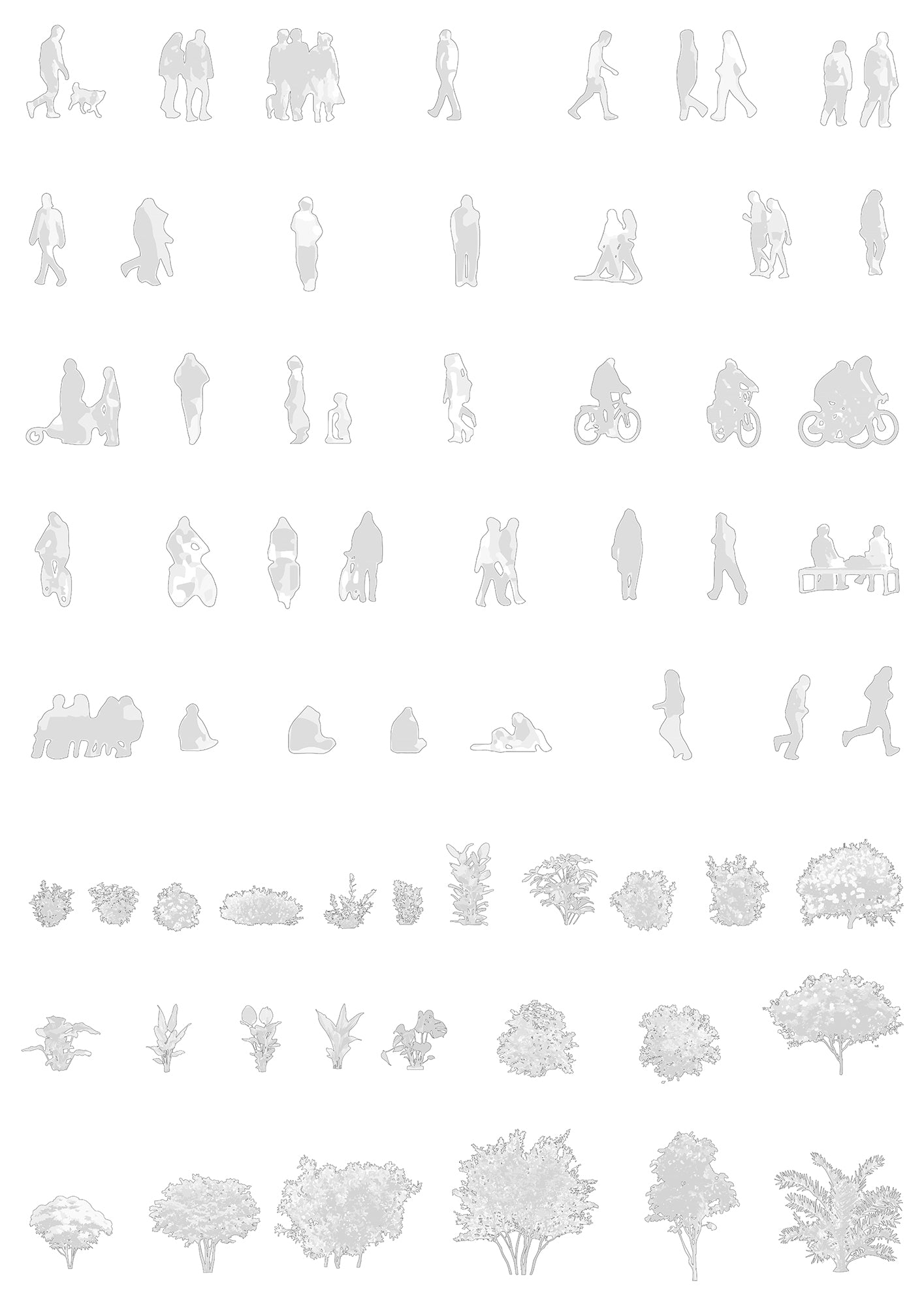 CAD shrub and people blocks — landscape entourage for architectural drawings, DWG for AutoCAD