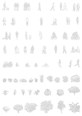 CAD shrub and people blocks — landscape entourage for architectural drawings, DWG for AutoCAD