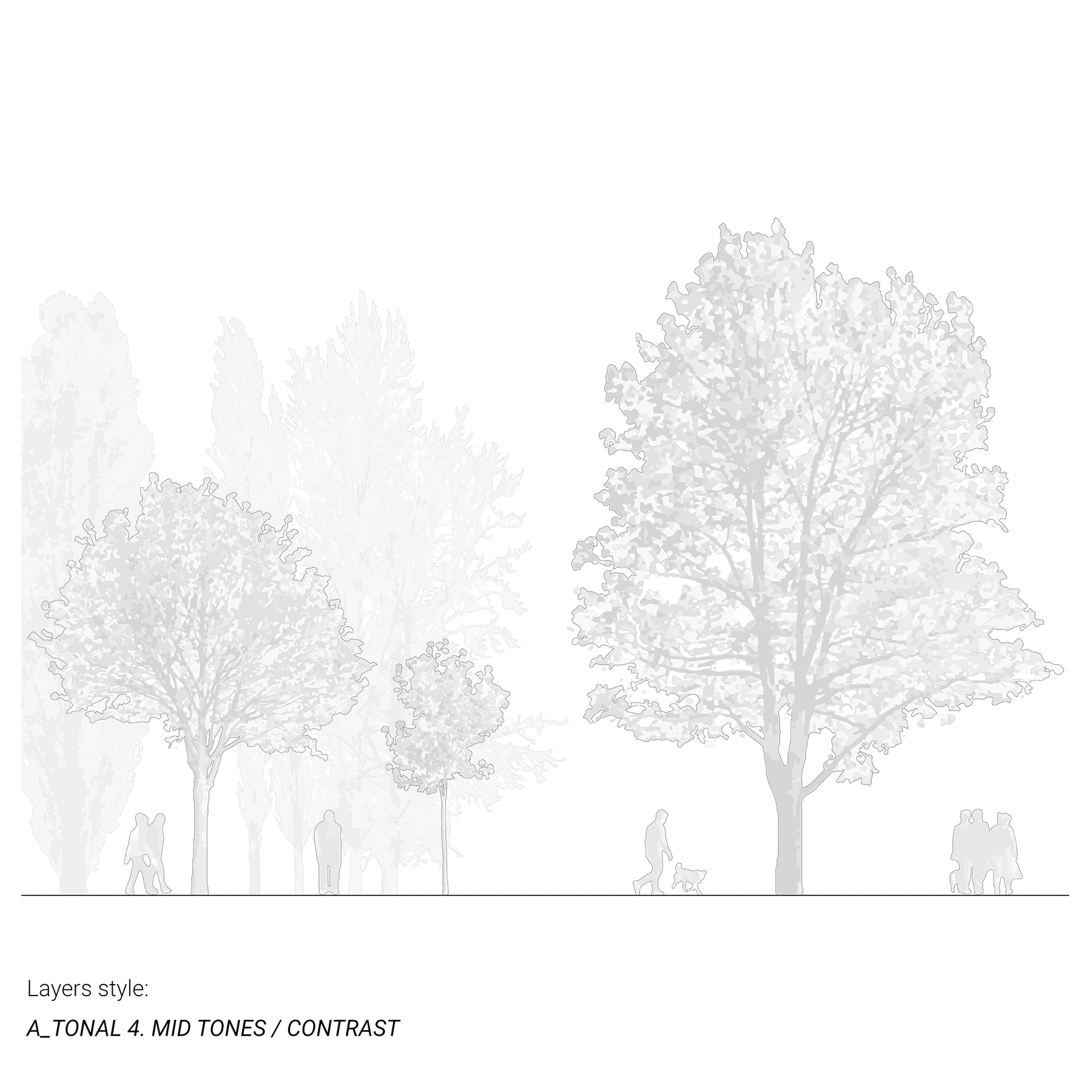 CAD tree blocks in section — trees and people DWG for architectural drawings