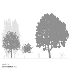 CAD tree blocks in section drawing — diverse trees and people, DWG for AutoCAD