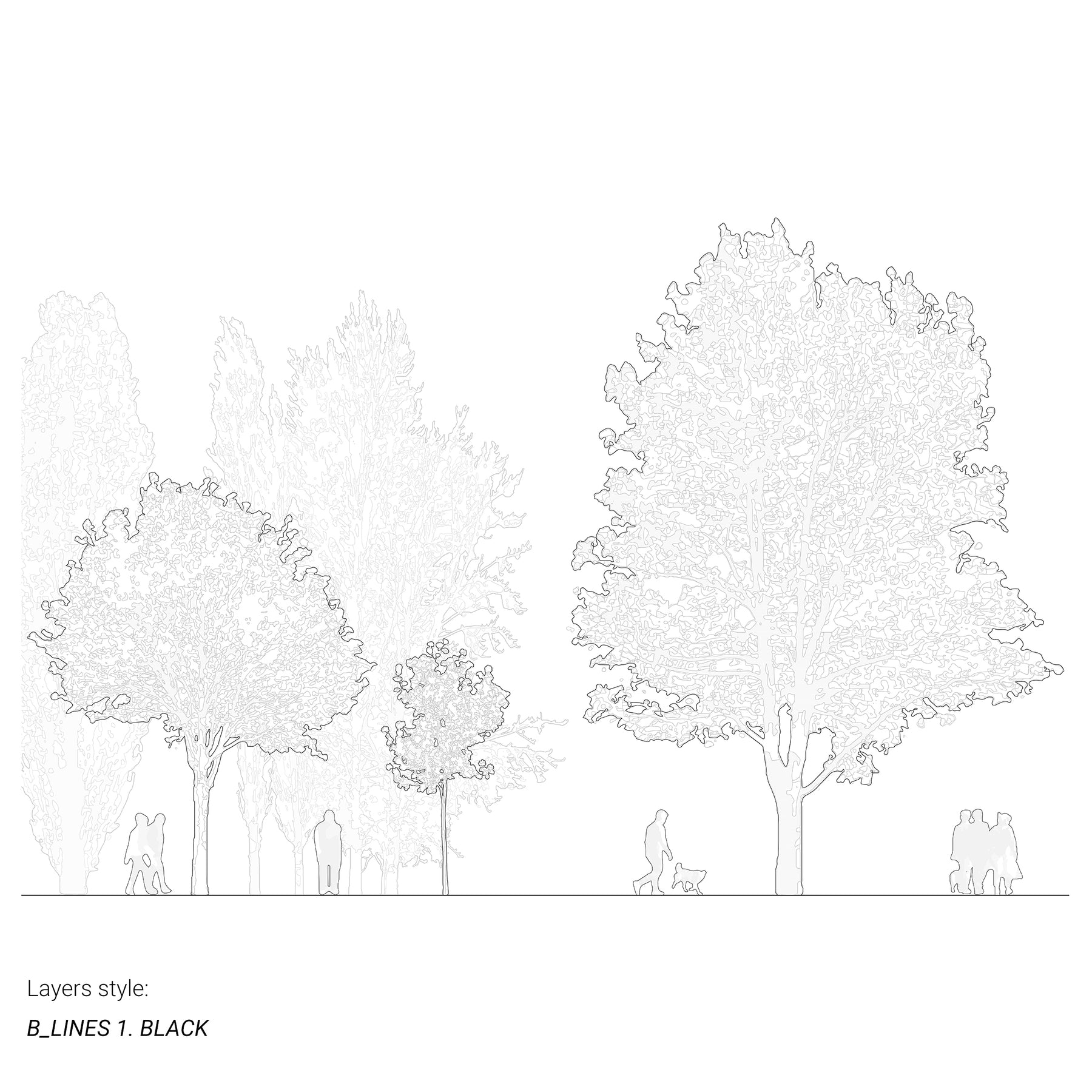 CAD tree blocks in section — trees and people elevation drawing, DWG for AutoCAD