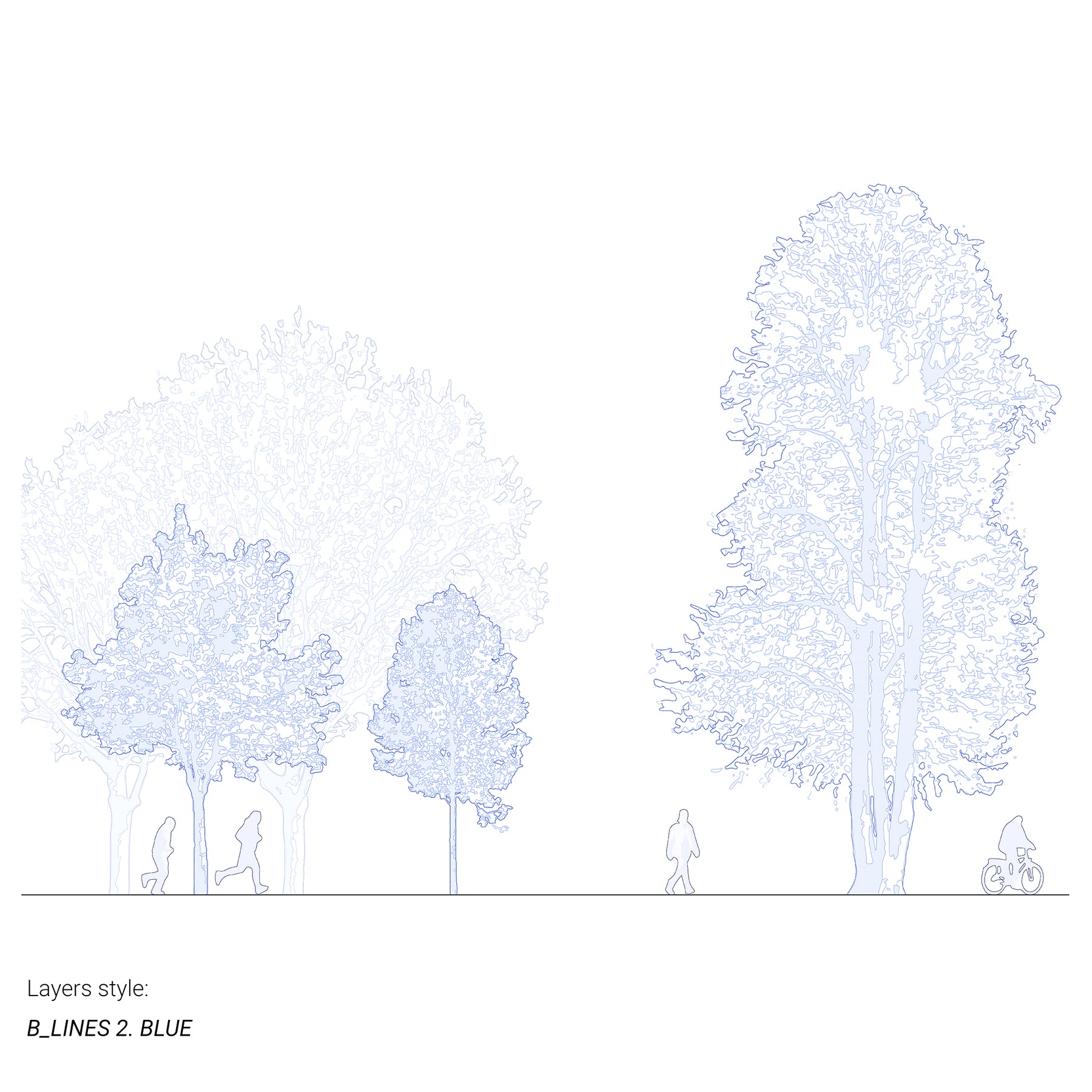 Arbres en élévation, dessin au trait — lignes vectorielles DWG pour AutoCAD, Rhino et Vectorworks
