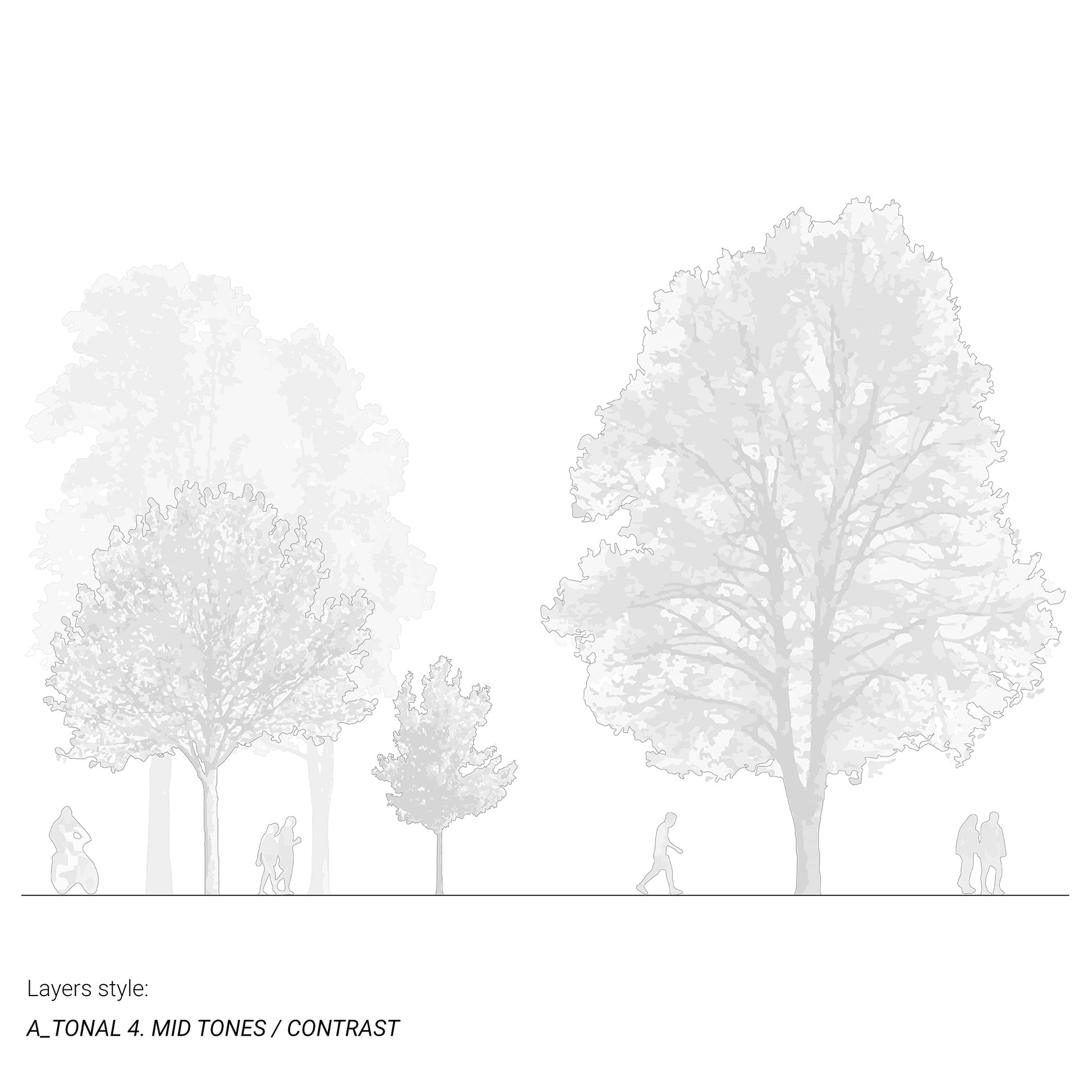 CAD tree blocks in section drawing — trees and people elevation, DWG for AutoCAD