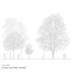 CAD tree blocks in section drawing — trees and people elevation, DWG for AutoCAD