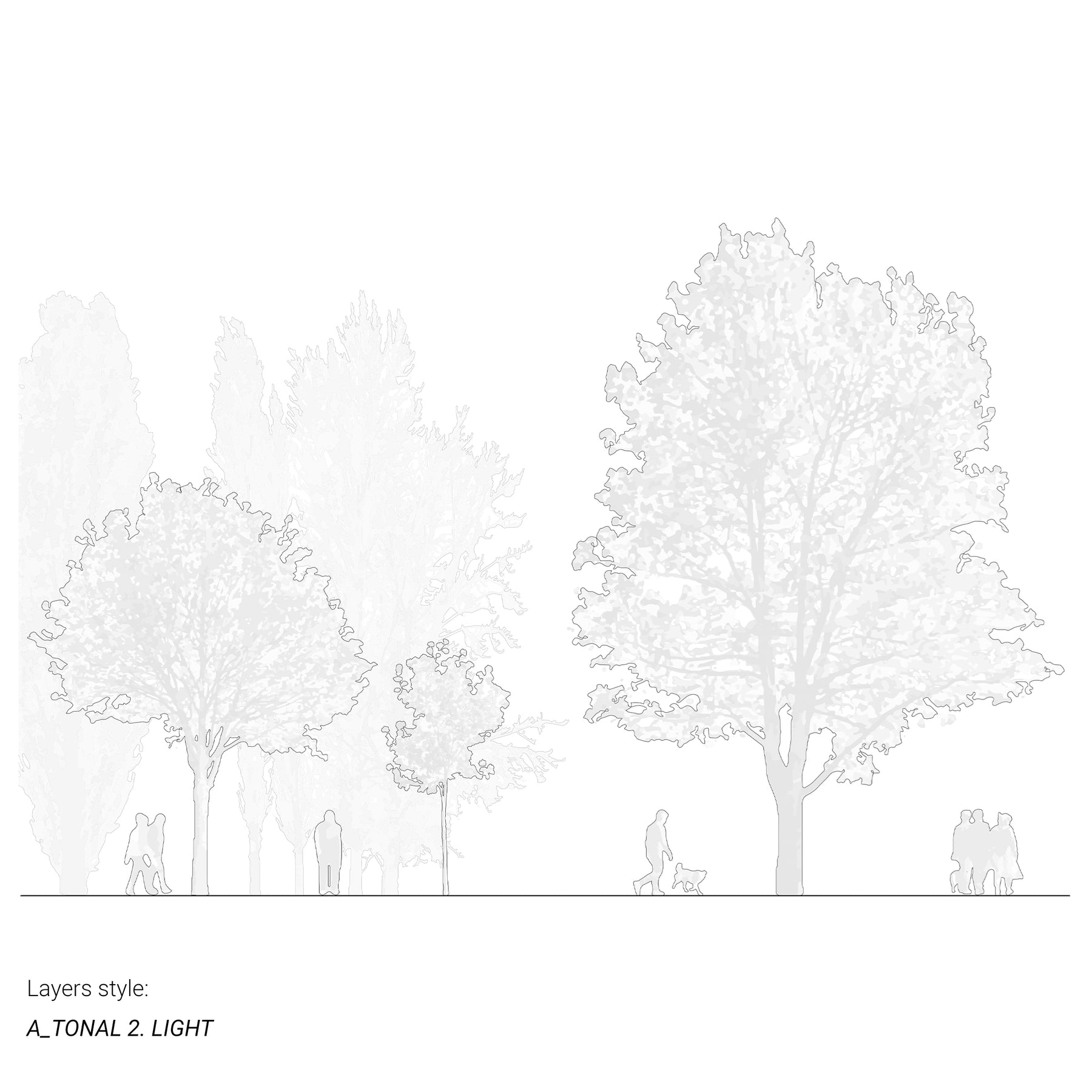 CAD trees and people blocks in architectural drawing — DWG section for AutoCAD