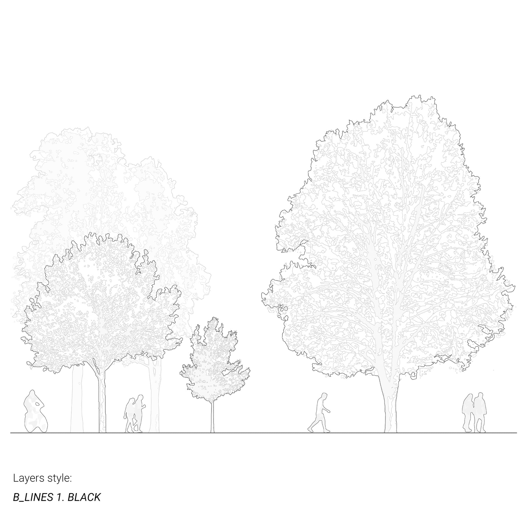 CAD trees and people in section — diverse tree blocks and scale figures, DWG for AutoCAD