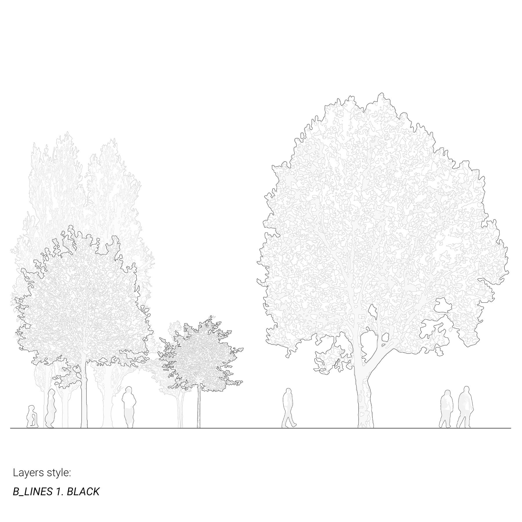 CAD trees and people in section — vectorial drawing for architectural elevations, DWG