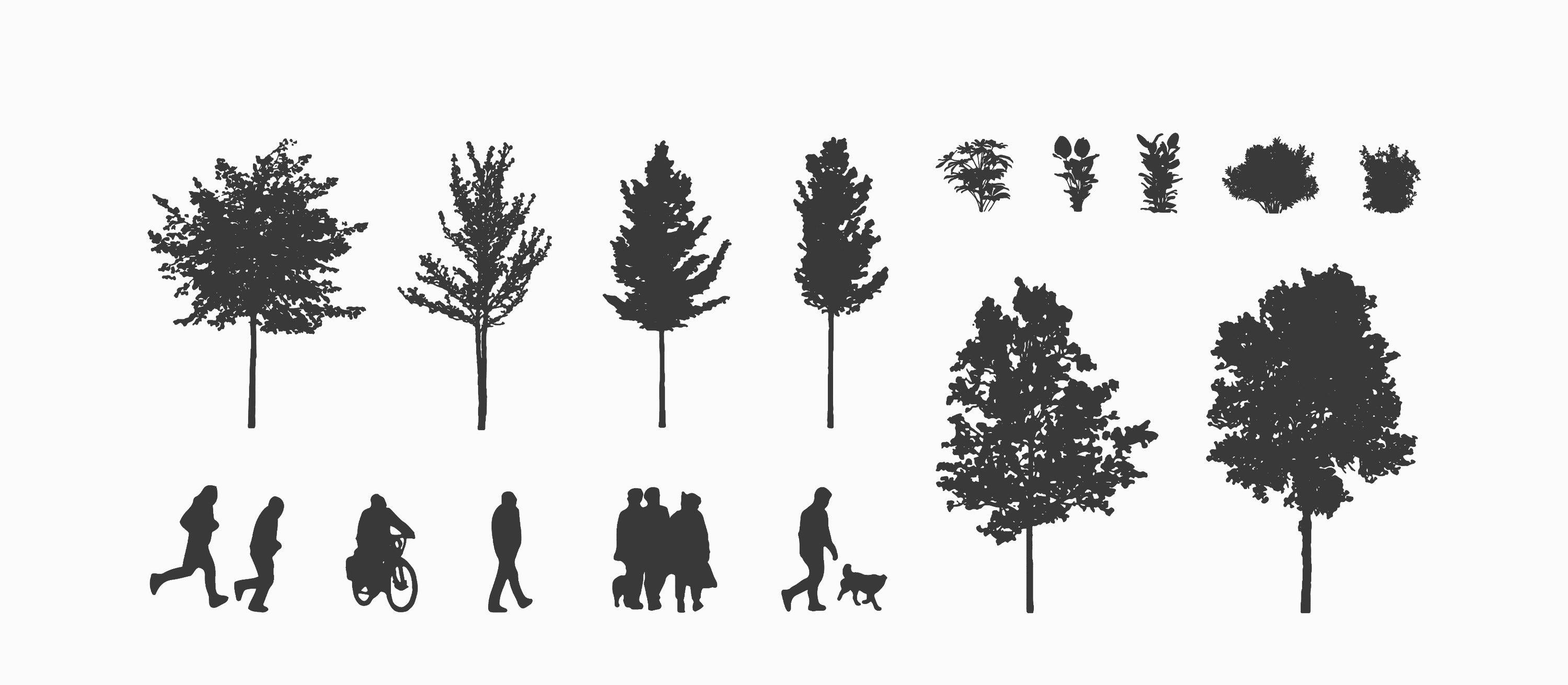 Set of cad blocks, black silhouettes of trees and people